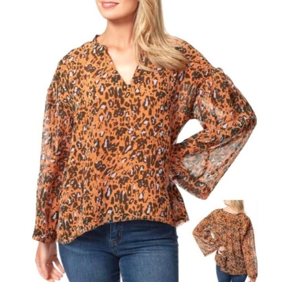 Jessica Simpson Women Cathay Spice Animal Print Split Neck Blouse Top (S) NWT - Picture 1 of 11